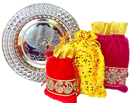 Omkar by R3 Inc. Silver Gift Plate with Assorted size Shagun Potli for Gifts Hampers | Fancy Hamper| Wedding Basket / Pouch for gift Packing (Pack of 4)