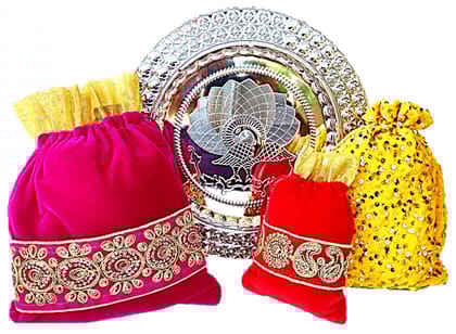 Omkar by R3 Inc. Silver Gift Plate with Assorted size Shagun Potli for Gifts Hampers | Fancy Hamper| Wedding Basket / Pouch for gift Packing (Pack of 4)