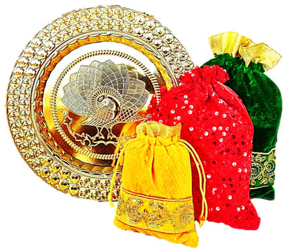 Omkar by R3 Inc. Gold Gift Plate with Assorted size Shagun Potli for Gifts Hampers | Fancy Hamper| Wedding Basket / Pouch for gift Packing (Pack of 4)