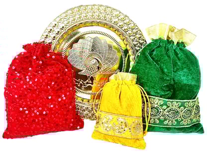 Omkar by R3 Inc. Gold Gift Plate with Assorted size Shagun Potli for Gifts Hampers | Fancy Hamper| Wedding Basket / Pouch for gift Packing (Pack of 4)