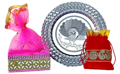 Omkar by R3 Inc. Silver Gift Plate, Square Basket with Shagun Potli for Gifts Hampers | Fancy Hamper| Wedding Basket / Pouch for gift Packing (Pack of 3)