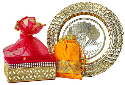 Omkar by R3 Inc. Gold Gift Plate, Square Basket with Shagun Potli for Gifts Hampers | Fancy Hamper| Wedding Basket / Pouch for gift Packing (Pack of 3)
