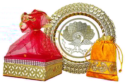 Omkar by R3 Inc. Gold Gift Plate, Square Basket with Shagun Potli for Gifts Hampers | Fancy Hamper| Wedding Basket / Pouch for gift Packing (Pack of 3)