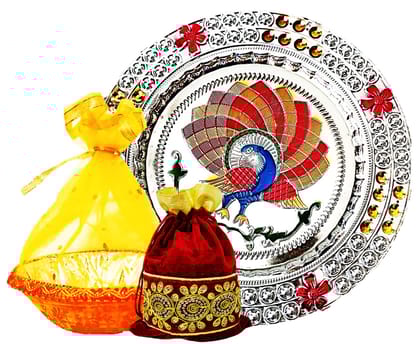 Omkar by R3 Inc. Multicolor Silver Gift Plate, Basket with Shagun Potli for Gifts Hampers | Fancy Hamper| Wedding Basket / Pouch for gift Packing (Pack of 3)