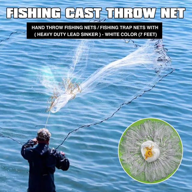 WNE Jaliwale Fishing Cast Throw Net/Hand Throw Fishing nets with/Fishing  Trap nets (Heavy Duty Lead Sinker) - White Color (9 Feet)