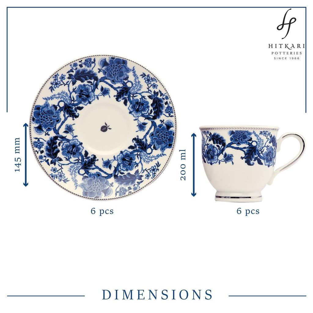 Hitkari Potteries -Monsoon Cup & Saucer Set of 6 | for Morning & Evening Tea | Material: Porcelain | Luxury Tea Ware with Elegant Design |12 -Pieces, (White, Set of 6)