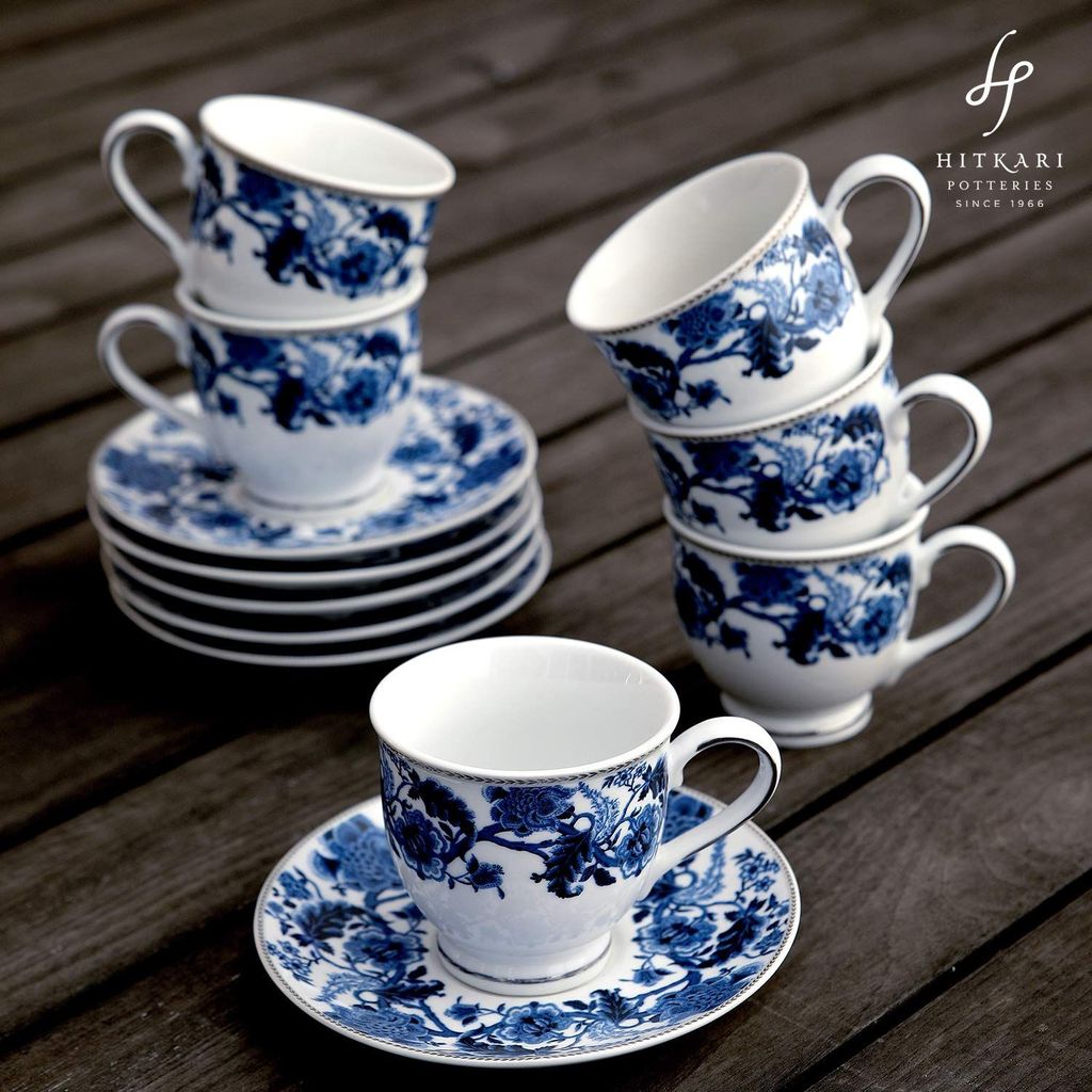 Hitkari Potteries -Monsoon Cup & Saucer Set of 6 | for Morning & Evening Tea | Material: Porcelain | Luxury Tea Ware with Elegant Design |12 -Pieces, (White, Set of 6)