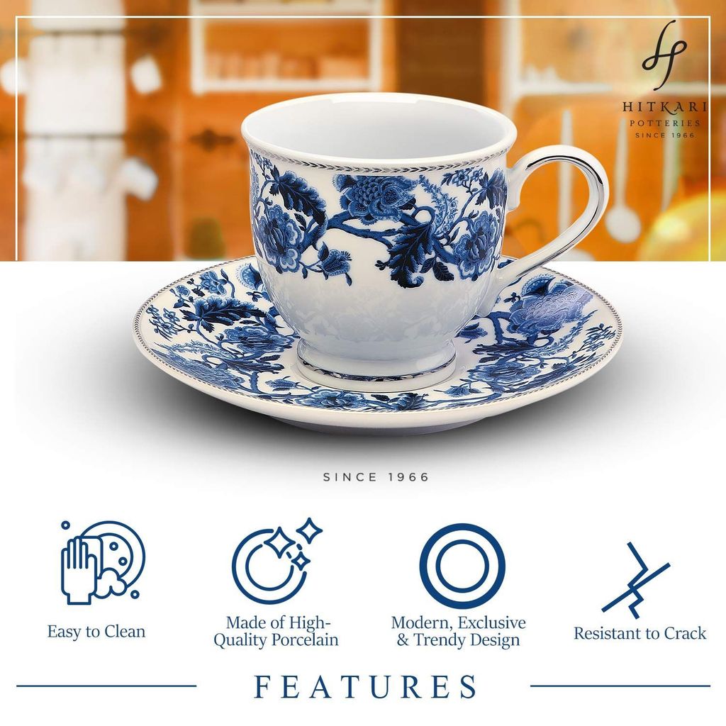Hitkari Potteries -Monsoon Cup & Saucer Set of 6 | for Morning & Evening Tea | Material: Porcelain | Luxury Tea Ware with Elegant Design |12 -Pieces, (White, Set of 6)