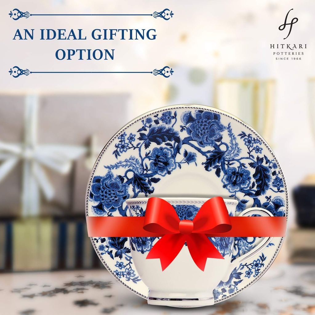 Hitkari Potteries -Monsoon Cup & Saucer Set of 6 | for Morning & Evening Tea | Material: Porcelain | Luxury Tea Ware with Elegant Design |12 -Pieces, (White, Set of 6)