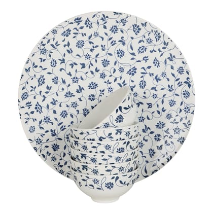 Hitkari Porcelain Noey Blue Veg Bowl Set 6 Pc.& Plattere1 Pc.| Blue | Microweb Safe & Dishwasher Safe | Veg Bowl Set for 6 | Standard