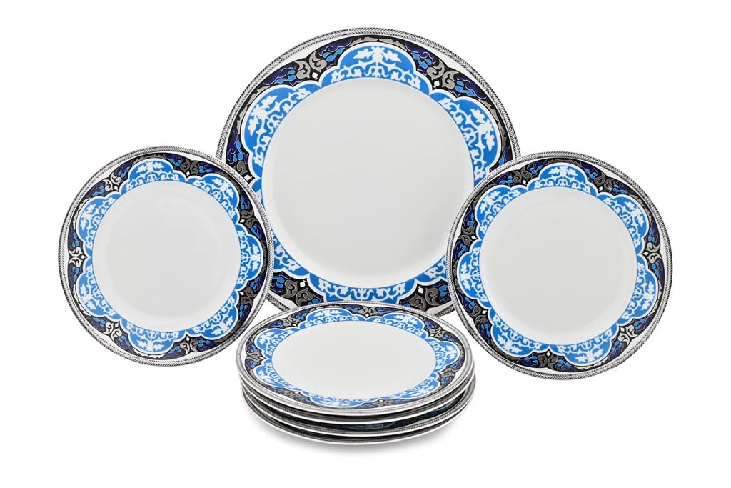 Hitkari Porcelain Marrakesh Snacks Set-7Pc.| Set for 6 with 1 Serving Plate |Snacks Set |Serving Set |for House Party| Cake Serving | White,Standerd
