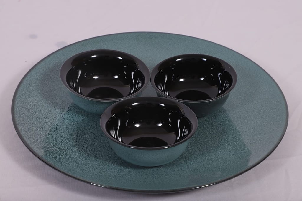 Hitkari Porcelain Jade Green 1 Platter with 6 Veg Bowl Set-7 Pcs |for Home & Kitchen |Material Porcelain |Snacks Set Platter with Veg Bowl Set|,Veg Bowl -180ml,Platter -12.20"(Grey)