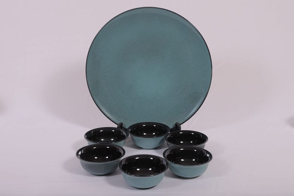 Hitkari Porcelain Jade Green 1 Platter with 6 Veg Bowl Set-7 Pcs |for Home & Kitchen |Material Porcelain |Snacks Set Platter with Veg Bowl Set|,Veg Bowl -180ml,Platter -12.20"(Grey)