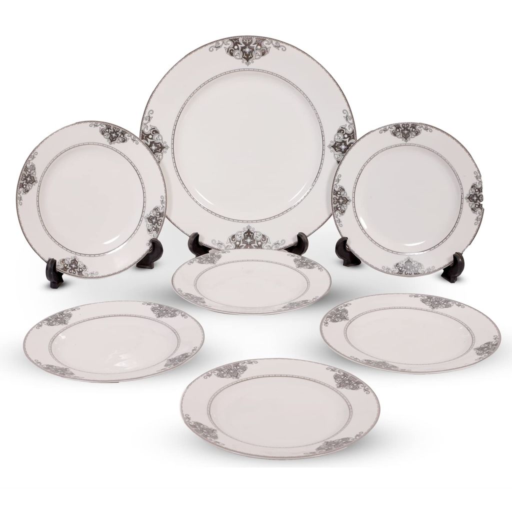 Hitkari Porcelain Lawrence Snacks Set-7Pc.|Set for 6 with Serving Plate|Snacks Set |Serving Set |for House Party|Cake Serving |White,Standerd