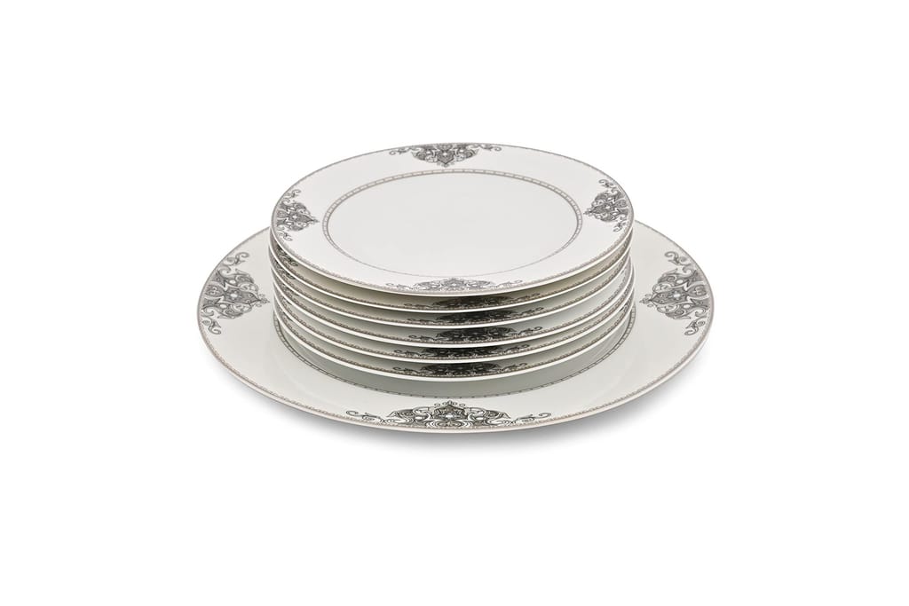 Hitkari Porcelain Lawrence Snacks Set-7Pc.|Set for 6 with Serving Plate|Snacks Set |Serving Set |for House Party|Cake Serving |White,Standerd