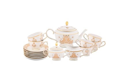 Hitkari Porcelain Jannat Tea Set 17 Pcs. |for home Kitchen | Service for 6 |Luxury Jannat Gold Teaware |Material :Potcelain |Royal Indian Heartage Jannat Tea Set,White,Pure Gold
