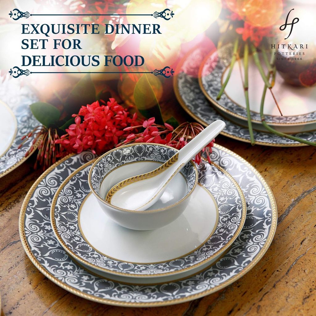 Hitkari Porcelain Verona Dinner Set 33 Pcs.|Modern & Trendy Design |Designed in India|for Home & Kitchen White, Large (Dinner Set)