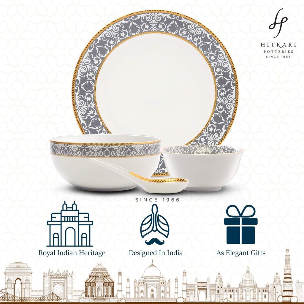 Hitkari Porcelain Verona Dinner Set 33 Pcs.|Modern & Trendy Design |Designed in India|for Home & Kitchen White, Large (Dinner Set)