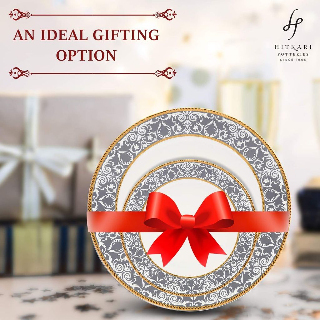 Hitkari Porcelain Verona Dinner Set 33 Pcs.|Modern & Trendy Design |Designed in India|for Home & Kitchen White, Large (Dinner Set)