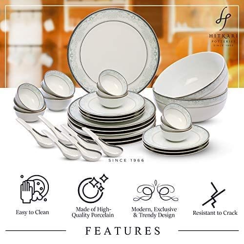 Hitkari Porcelain 15205 Dinner Set 33 Pcs.|Dinner Set for 6|Material: Porcelain|Luxury Dinnerware |for Home & Kitchen|White, Large