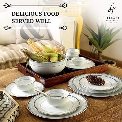 Hitkari Porcelain 15205 Dinner Set 33 Pcs.|Dinner Set for 6|Material: Porcelain|Luxury Dinnerware |for Home & Kitchen|White, Large