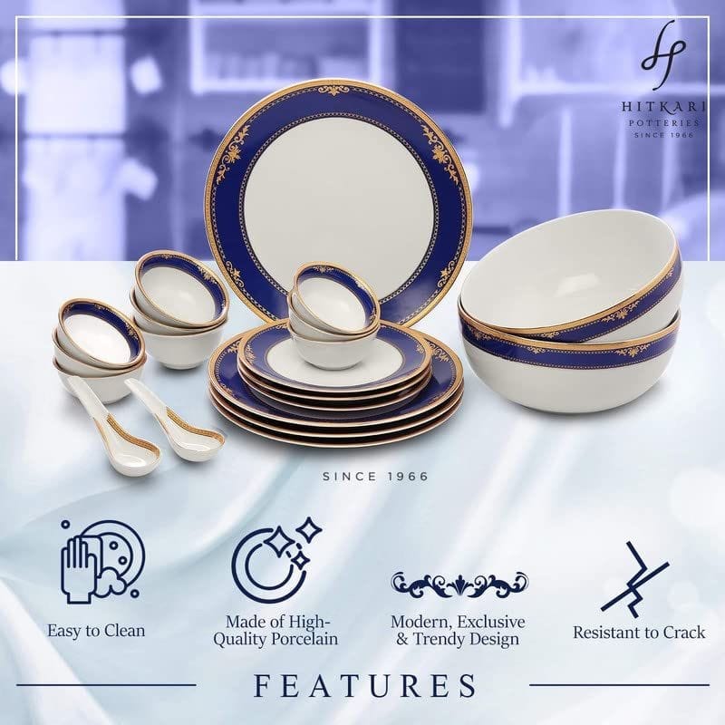 Hitkari Porcelain 11471 Dinner Set 33 Pcs.|Modern & Trendy Design |Designed in India|for Home & Kitchen(White & Blue, 33 Piece)