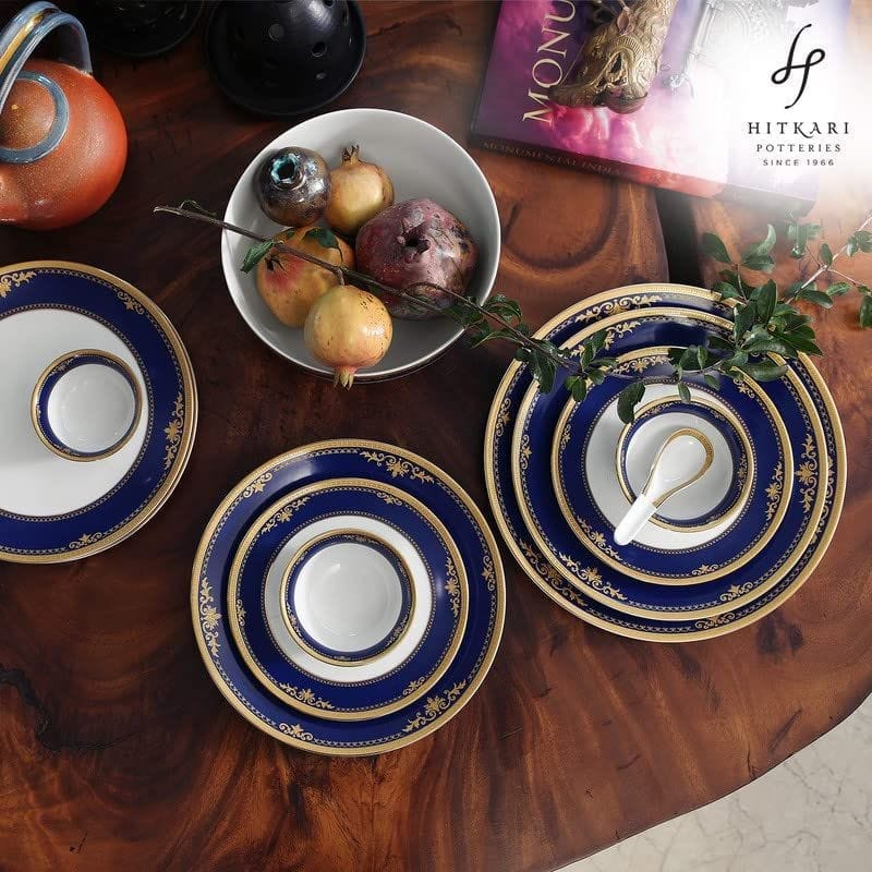 Hitkari Porcelain 11471 Dinner Set 33 Pcs.|Modern & Trendy Design |Designed in India|for Home & Kitchen(White & Blue, 33 Piece)