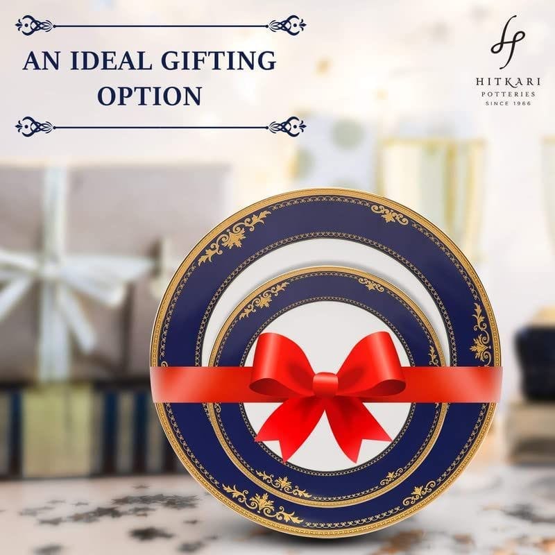 Hitkari Porcelain 11471 Dinner Set 33 Pcs.|Modern & Trendy Design |Designed in India|for Home & Kitchen(White & Blue, 33 Piece)