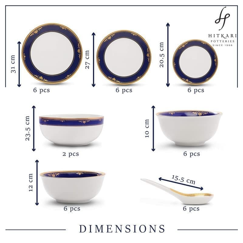Hitkari Porcelain 11471 Dinner Set 33 Pcs.|Modern & Trendy Design |Designed in India|for Home & Kitchen(White & Blue, 33 Piece)