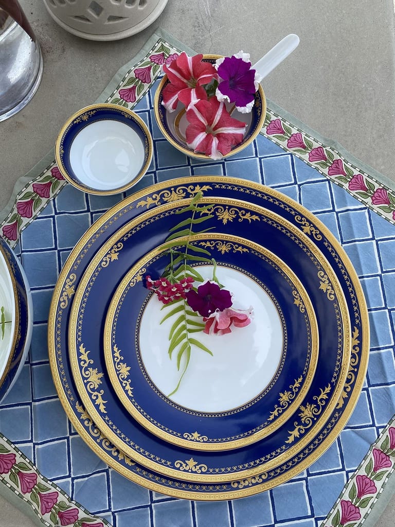 Hitkari Porcelain 11471 Dinner Set 33 Pcs.|Modern & Trendy Design |Designed in India|for Home & Kitchen(White & Blue, 33 Piece)