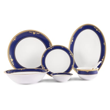 Hitkari Porcelain 11471 Dinner Set 33 Pcs.|Modern & Trendy Design |Designed in India|for Home & Kitchen(White & Blue, 33 Piece)