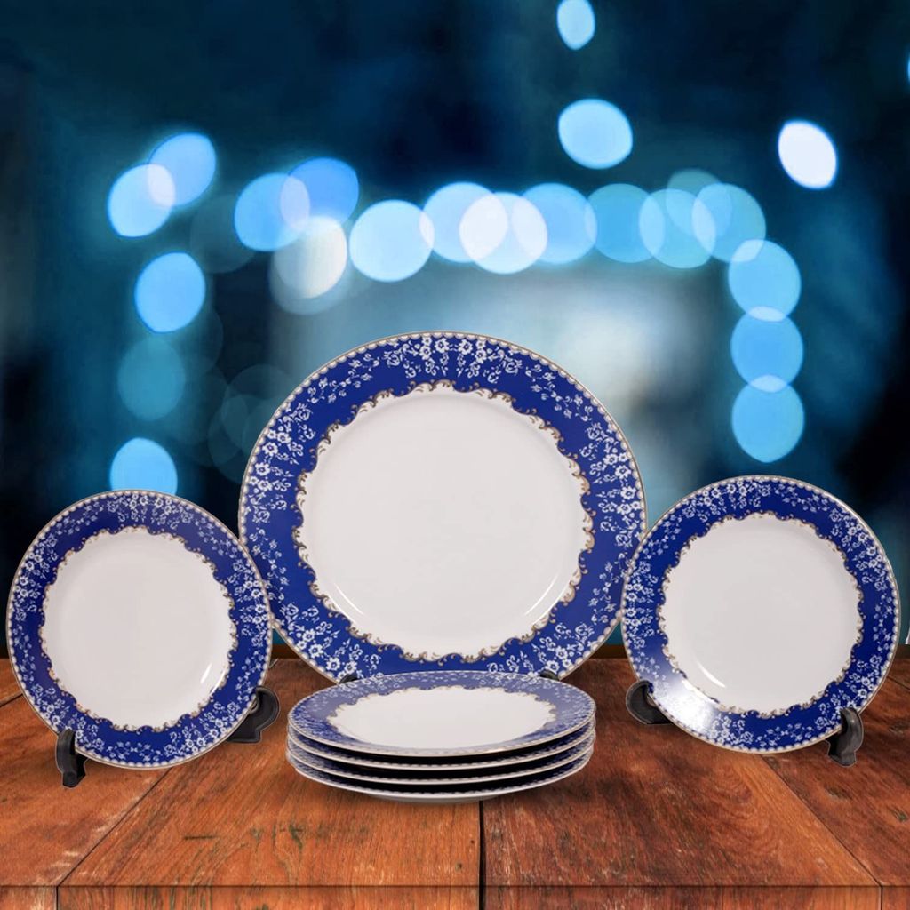 Hitkari Porcelain Christine Snacks Set 7Pc.|Set for 6 with 1 Serving Plate |Glaze Snacks Set |Serving Set |for House Party |Microweb Safe & Dishwasher Safe