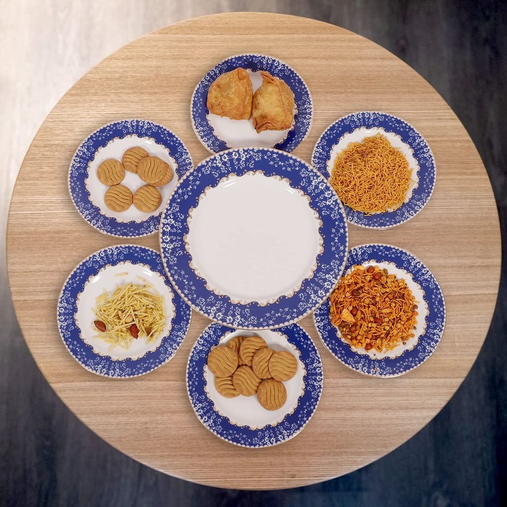 Hitkari Porcelain Christine Snacks Set 7Pc.|Set for 6 with 1 Serving Plate |Glaze Snacks Set |Serving Set |for House Party |Microweb Safe & Dishwasher Safe