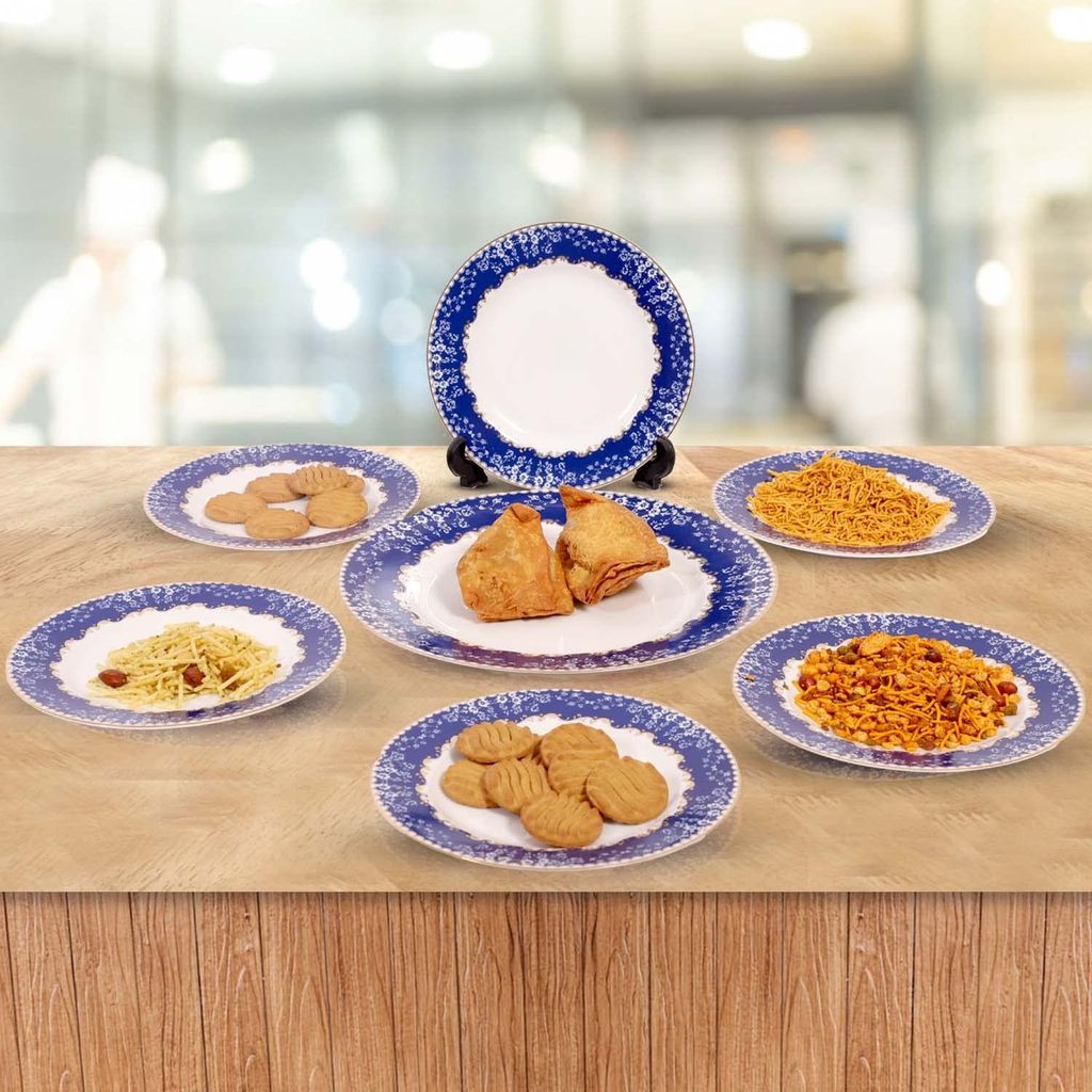 Hitkari Porcelain Christine Snacks Set 7Pc.|Set for 6 with 1 Serving Plate |Glaze Snacks Set |Serving Set |for House Party |Microweb Safe & Dishwasher Safe