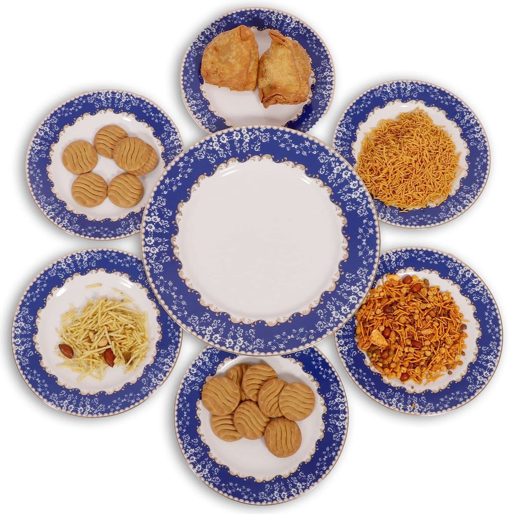 Hitkari Porcelain Christine Snacks Set 7Pc.|Set for 6 with 1 Serving Plate |Glaze Snacks Set |Serving Set |for House Party |Microweb Safe & Dishwasher Safe