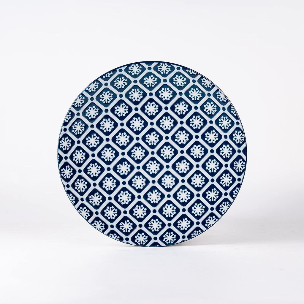 Hitkari Porcelain Cinnaflower Indigo Veg Bowl Set 6 Pc.& Plattere1 Pc.| Blue | Microweb Safe & Dishwasher Safe | Veg Bowl Set for 6 | Standard