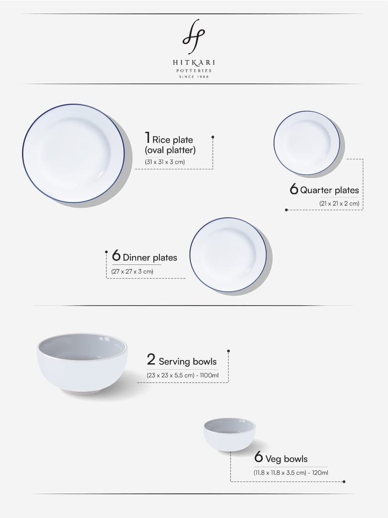 Hitkari Porcelain Blue Dew 21 Pc. Dinner Set for 6 |for Home & Kitchen | Material: Porcelain | Porcelain Luxury Dinnerware with Elegant Design | 21-Pices, Blue,Large�