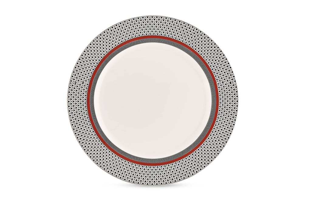 Hitkari Porcelain Burgundy Dinner Set 33 Pcs.|Modern & Trendy Design |Designed in India|for Home & Kitchen| White, Large (33 Dinner Set)