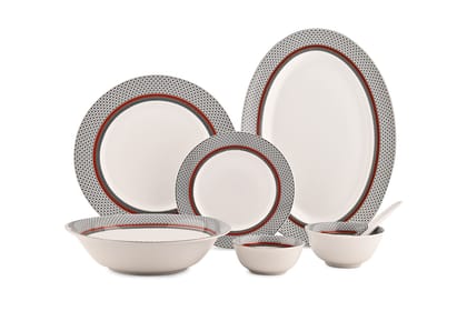 Hitkari Porcelain Burgundy Dinner Set 33 Pcs.|Modern & Trendy Design |Designed in India|for Home & Kitchen| White, Large (33 Dinner Set)