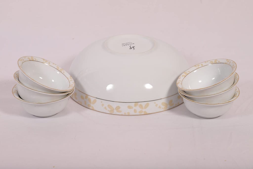 Hitkari 16224C Porcelain 1 Serving Bowl and 6 Veg. Bowl Snacks Set -7Pc.| Set for 6 Veg Bowl with Serving Bowl | Snacks Set for House Party |Microweb Safe & Dishwasher Safe