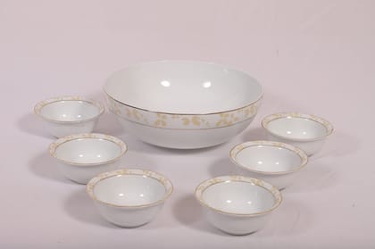 Hitkari 16224C Porcelain 1 Serving Bowl and 6 Veg. Bowl Snacks Set -7Pc.| Set for 6 Veg Bowl with Serving Bowl | Snacks Set for House Party |Microweb Safe & Dishwasher Safe