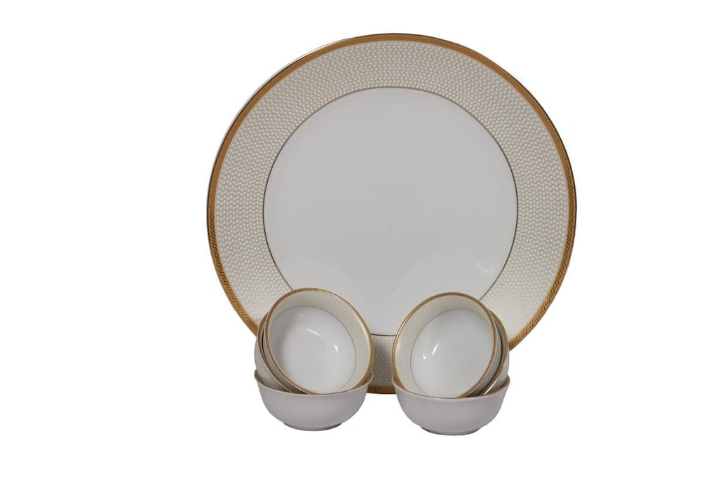 Hitkari Porcelain 4006 Platter with Veg Bowl Set-7 Pcs.|for Home & Kitchen |Service for 6|Material :-Porcelain|Snacks Set Platter with Veg Bowl Set|White,Veg Bowl -180ml,Platter -12.20"