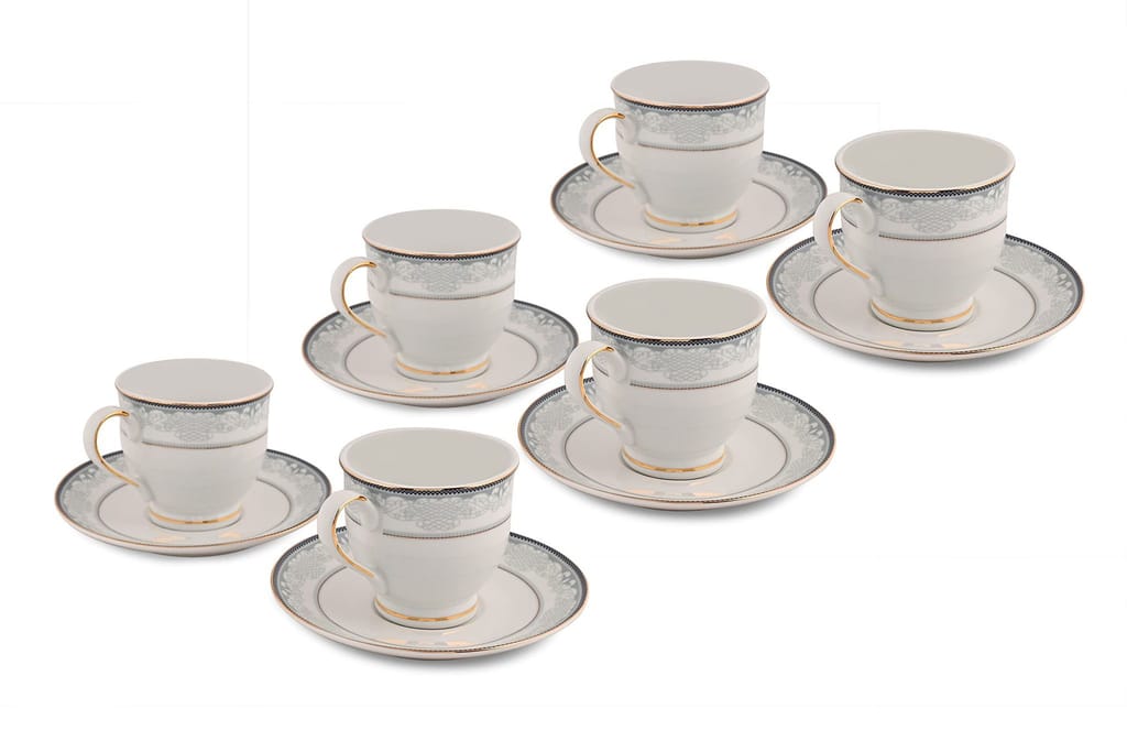 Hitkari Potteries 15205 Cup & Saucer Set for 6 for Morning & Evening Tea | Material: Porcelain | with Elegant Design | (12-Pieces, White)