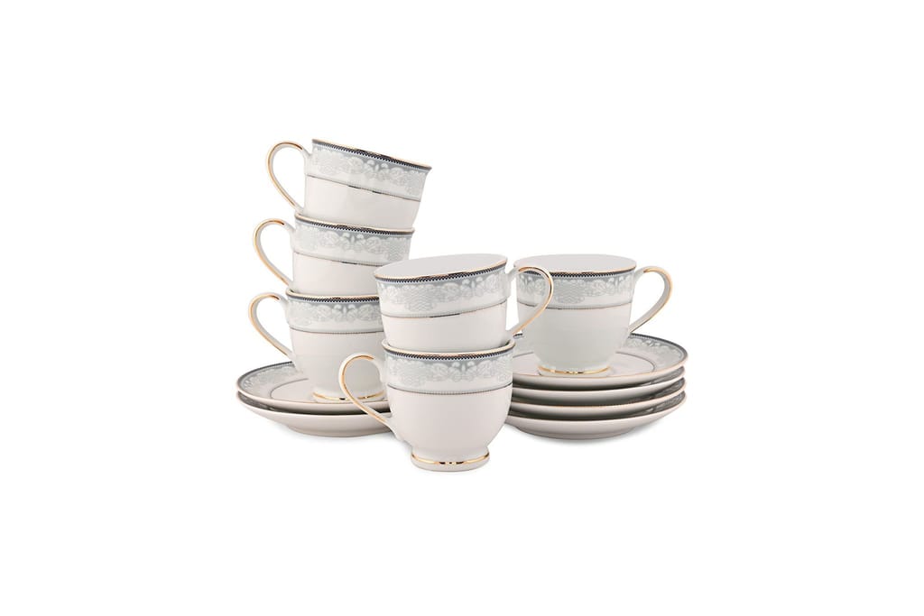 Hitkari Potteries 15205 Cup & Saucer Set for 6 for Morning & Evening Tea | Material: Porcelain | with Elegant Design | (12-Pieces, White)