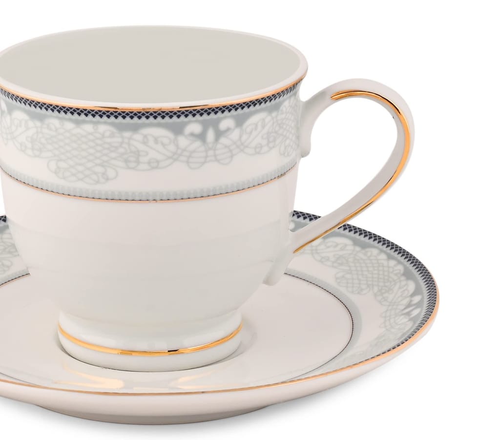 Hitkari Potteries 15205 Cup & Saucer Set for 6 for Morning & Evening Tea | Material: Porcelain | with Elegant Design | (12-Pieces, White)
