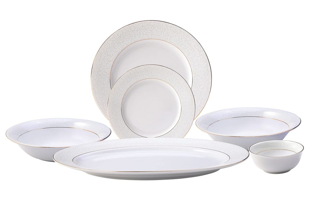 Hitkari Porcelain 12222 GL Dinner Set 33 Pcs. | Modern & Trendy Design | Designed in India | for Home & Kitchen | White, Large (12222 GL, 33 Dinner Set)