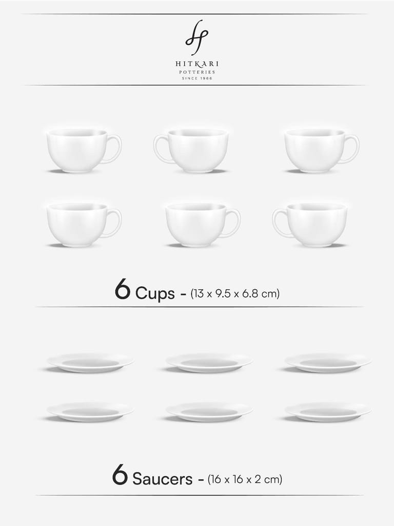 Hitkari Potteries - Cup & Saucer Set of 12pcs, Pair of 6 | for Morning & Evening Tea | Material: Porcelain | Elegant Design |12 -Pieces, White (12222 GL)