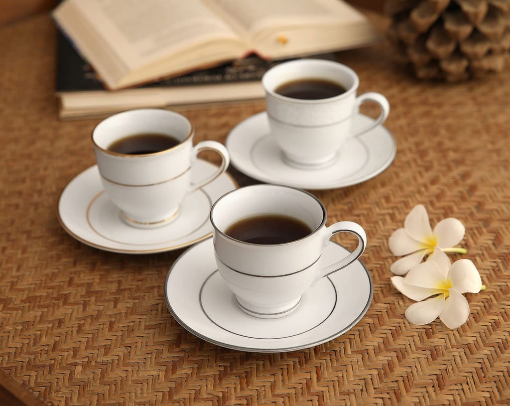 Hitkari Potteries - Cup & Saucer Set of 12pcs, Pair of 6 | for Morning & Evening Tea | Material: Porcelain | Elegant Design |12 -Pieces, White (12222 GL)