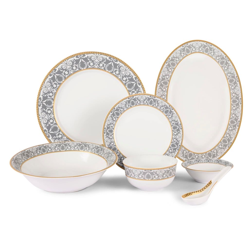 Hitkari Porcelain Verona Dinner Set 33 Pcs.|Modern & Trendy Design |Designed in India|for Home & Kitchen|Pure Gold | White, Large