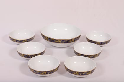 Hitkari Porcelain Summer Gold 1 Serving Bowl with 6 Veg Bowl Set-7 Pcs.|for Home & Kitchen |Material :-Porcelain |Snacks Set Platter with Veg Bowl Set|,Veg Bowl -180ml (White)
